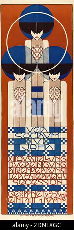 Ver Sacrum, Koloman Moser, Lithographisches Institut Albert Berger, Ver Sacrum V. Jahr. XIII. Ausstellung der Vereinigung bildender Künstler Österreichs Secession, Lithographie, gesamt: Höhe: 94,50 cm; Breite: 31,00 cm, signiert: U. r. auf der Platte: KOLO MOSER, Ausstellungsplakate, Frau, geometrische Ornamente, Jugendstil, Kolo Moser war einer der führenden Künstler der Moderne in Wien des frühen 20. Jahrhunderts. Stockfoto