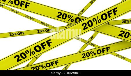 Rabatt von zwanzig Prozent. Beschriftete gelbe Warnbänder. Gelbe Warnbänder mit schwarzem Text 20 % AUS. Isoliert. 3D-Illustration Stockfoto