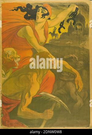 Théophile-Alexandre Steinlen, Imprimerie Charles Verneau, Le Petit Sou, Papier, Lithographie, gesamt: Höhe: 140 cm; Breite: 100 cm, signiert: Im Druck unten rechts: Steinlen, Produkt- und Unternehmenswerbung (Plakate), Produktwerbung (Plakate), Arbeiter/Arbeiterklasse, soziale Gegensätze, Menschenmenge, Kalb, Personifikationen von Ländern, Nationen, Staaten, Territorien Stockfoto