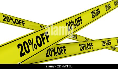 Rabatt von zwanzig Prozent. Beschriftete gelbe Warnbänder. Gelbe Warnbänder mit schwarzem Text 20 % AUS. Isoliert. 3D-Illustration Stockfoto