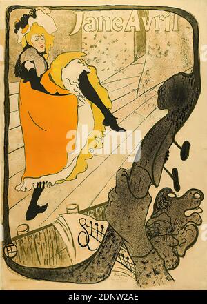 Henri de Toulouse-Lautrec, Jane Avril, paper, lithograph, total: height: 127 cm; width: 91,1 cm, monogrammed: u. li. in print: HTL, signed and dated: u. Mitte in print: HTLautrec 93, event posters, dancer, variety, music, Jane Avril, art nouveau Stock Photo