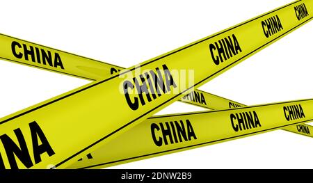 China. Gelbe Warnbänder mit schwarzen Worten CHINA. Isoliert. 3D-Illustration Stockfoto