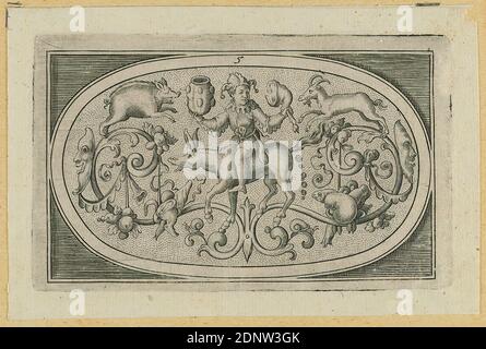 Heinrich Ullrich, Dosendeckel mit Schwanz grotesk auf gestanztem Boden, Blatt 5 aus einer Serie von Dosendeckeln, Papier, Kupferstich, Bogenformat : Höhe: 8.00 cm; Breite: 12.00 cm, nummeriert: Auf der Platte in Motiv: 5, Justus Brinckmann, Drucke, Drucksachen, grotesk (Ornament), Renaissance Stockfoto