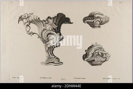 Martin Engelbrecht, Jeremias Wachsmuth, I. F. Hildt, drei Fälle, Blatt aus der Serie einige und nach der neuesten façon eingerichtete Vassi oder Geschirr, Radierung, Bogenmaß: Höhe: 22 cm; Breite: 35.2 cm, signiert, nummeriert und auf der Platte eingeschrieben: Signiert, nummeriert und auf der Platte eingeschrieben C. Priv. Maj, I. F. Hildt Inv. Et del, I. Wachsmuth sculpsit, Mart. Engelbrecht excud. A. Stockfoto