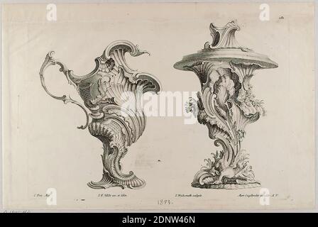 Martin Engelbrecht, Jeremias Wachsmuth, I. F. Hildt, zwei Exemplare, Blatt aus der Serie einige und nach der neuesten façon eingerichtete Vassi oder Geschirr, Radierung, Bogenmaß: Höhe: 22,4 cm; Breite: 37 cm, Recto: Signiert, nummeriert und auf der Platte eingeschrieben: C. Priv. Maj, I. F. Hildt Inv. Et delin, I. Wachsmuth sculpsit, Mart. Engelbrecht excudit A. V, 181. Sowie von einer fremden Hand in Blei eingeschrieben: 1893., Drucke, Drucksachen, Rocaille, Rokoko, Blatt 2 ( fortlaufende Nummer 181) des Satzes einige und nach der neuesten façon eingerichtete Vassi Stockfoto