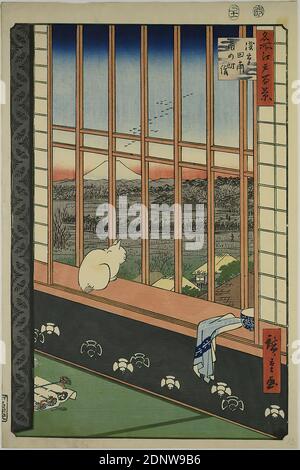 Utagawa Hiroshige, Reisfelder in Asakusa und das Festival von Torinomachi, Blatt 101 aus der Serie: 100 berühmte Ansichten von Edo, Farbholzschnitt, Gesamt: Höhe: 36,20 cm; Breite: 24,00 cm, signiert: Hiroshige ga 廣重画, Verlag: Uoya Eikichi, Zensurstempel, Datumsstempel, Drucke, Drucksachen, Katze, Berge, Berge, Edo-Periode Stockfoto