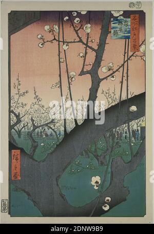 Utagawa Hiroshige, The Plum Garden of Kameido, Blatt 30 aus der Serie: 100 berühmte Ansichten von Edo, Farbholzschnitt, Gesamt: Höhe: 34.00 cm; Breite: 22.50 cm, Signatur: Hiroshige ga 廣重画, Verlag: Uoya Eikichi, Zensurstempel, Datumsstempel, Druckgrafik, Bäume, Sträucher, Gärten und Parks, Pflaume, Tokyo, Edo-Zeit, Utagawa Hiroshige ist, zusammen mit Katsushika Hokusai (1760-1849), einer der großen Landschaftsdarsteller im japanischen Holzschnitt des 19. Jahrhunderts. Jahrhundert. Stockfoto