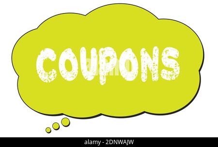 COUPONS Text auf einer hellgrünen Gedanken Wolke Blase geschrieben. Stockfoto