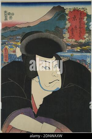 Utagawa Kunisada, Yokokawa Takejirō, Kyoto: Der Schauspieler Nakamura Utaemon IV als Ishikawa Goemon, Blatt 30 aus der Serie: Die 53 Stationen von Tōkaidō, Farbholzschnitt, gesamt: Höhe: 36,30 cm; Breite: 24.60 cm, Signatur: Toyokuni ga 豊国画, Verlag: Tsujiokaya Bunsuke (Kinshōdō), Zensurstempel, Datumsstempel, Holzfäller: Koizumi Minokichi, Drucke, Drucksachen, Schauspieler, Schauspielerin, Edo-Zeit Stockfoto