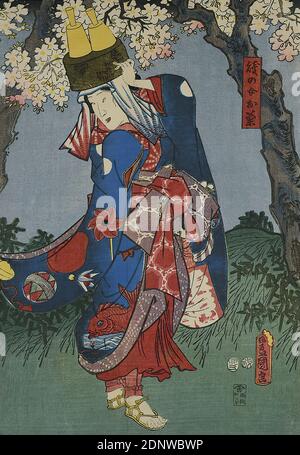 Utagawa Kunisada, Schauspieler Onoe Kikugorō II als Shizunome Okiku, Nakamura Tsuruzō I als Kitahachi und Bandō Hikosaburō IV als Yajirobei, Farbholzschnitt, Gesamt: Höhe: 36,50 cm; Breite: 75,30 cm, Signatur: Toyokuni ga 豊国画, Verlag: Kagaya Kichiemon (Seiseidō), Zensurstempel, Datumsstempel, Druckgrafik,Druck, Schauspieler, Schauspielerin, Edo-Periode Stockfoto