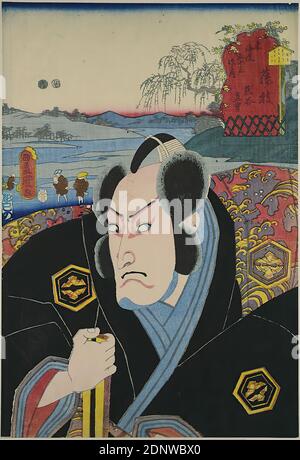 Utagawa Kunisada, Fujieda: Der Schauspieler Bandō Mitsugorō III als Kumagai Naozane, aus der Serie: Die 53 Stationen von Tōkaidō, Farbholzschnitt, Gesamt: Höhe: 36,90 cm; Breite: 25,20 cm, Signatur: Toyokuni ga 豊国画, Verlag: Izutsuya Shōkichi, Zensurzeichen, Datumsstempel, Drucke, Drucksachen, Schauspieler, Schauspielerin, Edo-Periode Stockfoto