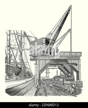 Eine alte Gravur eines Dampfkrans auf Schienen bei der Arbeit an den Docks auf dem Fluss Tees in Middlesbrough, North Yorkshire, England, Großbritannien die 1800er. Es ist aus einem viktorianischen Maschinenbaubuch der 1880er Jahre. Der Hafen von Middlesbrough kann bis ins Jahr 1830 zurückverfolgt werden, als eine Erweiterung der Stockton and Darlington Railway eröffnet wurde, um Kohle von den Kohlefeldern von Durham zum Flussufer zu liefern. Es war so erfolgreich, dass die Arbeiten an einer neuen Anlage im Jahr 1839 begannen, und dies war Middlesbrough Dock, das 1842 eröffnet wurde und den Export von Stahl ermöglicht, wie hier mit diesem erhöhten, mobilen Kran, der einen Träger hochhebt, gezeigt wird. Stockfoto