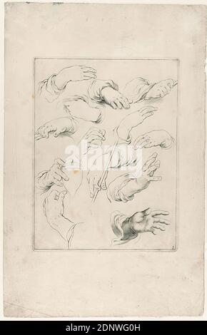 Abraham Bloemaert, Handstudie, Blatt 7 aus der Serie Fondaments der Teecken-Konst aerdigh geinvertaert door Abraham Bloemaert, Papier, Kupferstich, Kupferstich auf Ripppapier, Bogenmaß: Höhe: 33.00 cm; Breite: 21.00 cm, nummeriert: In Platte: 7, Drucke, Drucksachen, Arm, Hand Stockfoto