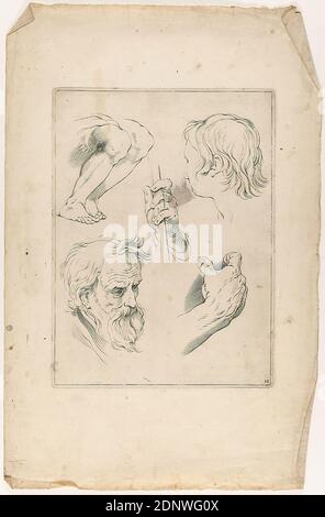 Abraham Bloemaert, Kopf-, Hand- und Beinstudie, Blatt 12 aus der Serie Fondamente der Teecken-Konst aerdigh geinvertaert door Abraham Bloemaert, Papier, Kupferstich, Kupferstich auf Ripppapier, Bogenmaß: Höhe: 32.70 cm; Breite: 21.20 cm, nummeriert: In Platte: 12, Drucke, Drucksachen, Arm, Hand Stockfoto