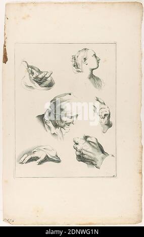 Abraham Bloemaert, Kopf- und Handstudie, Blatt 30 aus der Serie Fondamente der Teecken-Konst aerdigh geinvertaert Tür Abraham Bloemaert, Papier, Kupferstich, Kupferstich auf Rippenpapier, Bogenmaß: Höhe: 32.90 cm; Breite: 20.60 cm, nummeriert: In der Platte: 30, unten links von einer Fremdhand mit Tinte beschriftet: 126, Drucke, Drucksachen, Arm, Hand Stockfoto