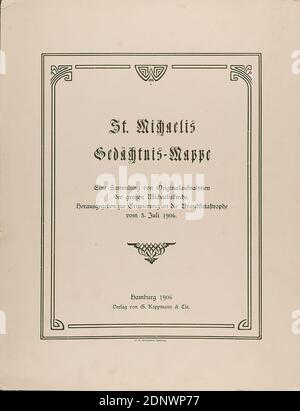 G. Koppmann & Co, Georg Koppmann, St. Michaelis-Gedächtnismappe, Titelseite und Inhaltsverzeichnis, Buchdruck, Gesamt: Höhe: 32.1 cm; Breite: 24.8 cm, rückseitig und rechts in schwarzem Filzstift: Komplett (1-24) 13.12.77 KH, Architekturfotografie, Reporterfotografie Stockfoto