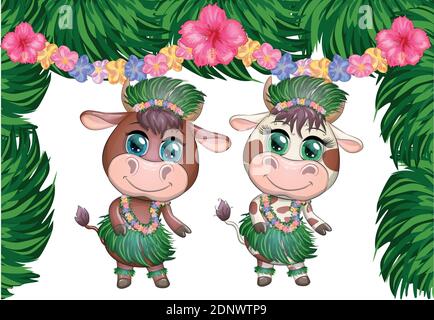 Ein Paar niedliche Cartoon-Stier und Kuh mit schönen Augen ist die Figur eines hawaiianischen Hula-Tänzerin zwischen Blättern, Blumen. Lustiger Bullen-Tanz. 2021 Jahre Stock Vektor