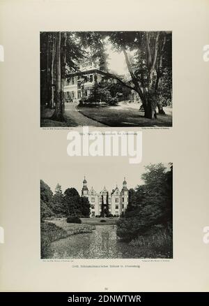 Wilhelm Dreesen, Otto Meissner, Villa Tietz in Schmalenbek bei Ahrensburg und Schloss Schimmelmann in Ahrensburg aus der Mappe Neue Bilder der Freien und Hansestadt Hamburg und Umgebung, Staatliche Gemäldegalerie Hamburg, Sammlung zur Geschichte der Fotografie, Papier, Kollotyp, Gesamt: Höhe: 48,00 cm; Breite: 35,00 cm, beschriftet: recto u. Fotograf, Verlag und Titel, Reisefotografie, Architekturfotografie, Landhaus, Villa, Landhaus, Turm, Schloss, Schloss, Gärten und Parks, Architektur, hist. Gebäude, Ort, Straße, Ahrensburg Stockfoto