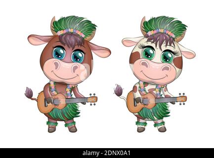 Niedlicher Cartoon-Stier, Kuh mit schönen Augen, hawaiianische Hula-Tänzerin Charakter mit Ukulele-Gitarre zwischen Blättern, Blumen. Chinesische Neujahr niedlichen Bullen Stock Vektor