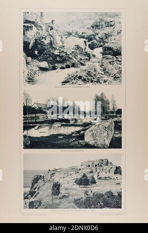 Wilhelm Dreesen, Island & Co, Holtemmethal bei Hassenode im Harz, Bauernhof auf Bornholm, und die Felsruinen von Regenstein bei Blankenburg im Harz aus der Mappe malerische Bilder, Papier, Kollotyp, Gesamt: Höhe: 48.30 cm; Breite: 32.50 cm, beschriftet und datiert: recto: In Druckform: Titelseite und Hoffotograf Wilh. Dreesen, Flensburg, 1894. Kollotyp von Sinsel & Co, Leipzig-Plagwitz, Landschaftsfotografie, Reisefotografie, Landschaft mit Pflanzen, Berge Stockfoto