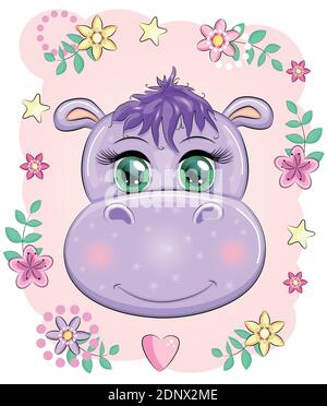 Cute Hippo Cartoon mit schönen Augen unter Blumen, Herzen. Drucken Sie T-Shirts, Baby Kleidung Mode-Design, Baby-Dusche Einladungskarte. Stock Vektor