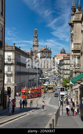 Portugal, Costa Verde, Oporto, Rua dos Clérigos, the church and tower dos clerigos in the distance Stock Photo