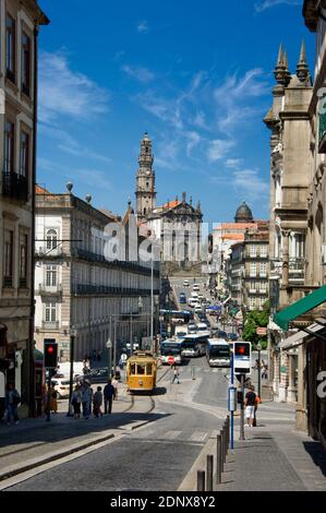 Portugal, Costa Verde, Oporto, Rua dos Clérigos, the church and tower dos clerigos in the distance Stock Photo