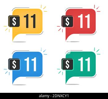 11 Dollar Preis. Gelbe, rote, blaue und grüne Währungsschilder mit Ballon-Konzept. Stock Vektor