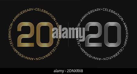 Geburtstag. Banner zum 20-jährigen Jubiläum in goldenen und silbernen Farben. Kreisförmiges Logo mit originalem Zifferndesign in eleganten Linien. Stock Vektor