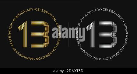 Geburtstag. Dreizehn Jahre Jubiläumsfeier Banner in goldenen und silbernen Farben. Kreisförmiges Logo mit originalem Zifferndesign in eleganten Linien. Stock Vektor