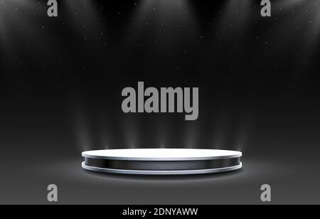 Bühne Podium mit Beleuchtung, Bühne Podium Szene mit für Preisverleihung auf farbigem Hintergrund. Vektorgrafik Stock Vektor
