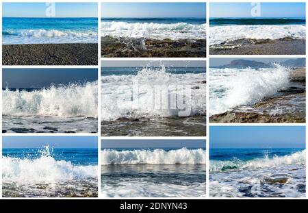 Collage der Küste Hintergrund Fotos mit Wellen und Spritzer Stockfoto