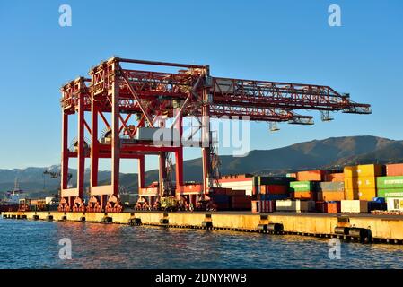 Große Kräne für den Containerumschlag im Hafenterminal Genua Italien Stockfoto