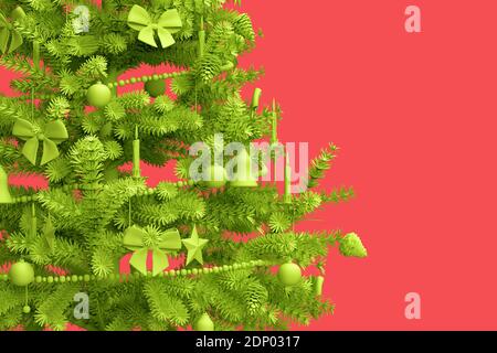 Nahaufnahme von dekorierten Weihnachtsbaum auf rosa Hintergrund. 3D-Rendering Stockfoto