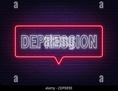 Depression neon sign on brick wall background . Stock Vector