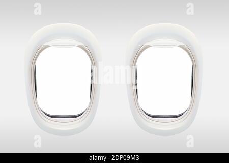 Leere Fenster des Flugzeugs von Innen, Antenne Travel Concept Stockfoto