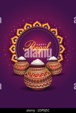 Happy Pongal Feiern Banner, Vorlage oder Poster Design. Südindisches Erntefest mit religiösen Opfergaben und traditionellem Topf auf dunklem Backgr Stock Vektor