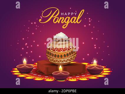 Happy Pongal Feiern Banner, Vorlage oder Poster Design. Südindisches Erntefest mit religiösen Opfergaben und traditionellem Topf auf dunklem Backgr Stock Vektor