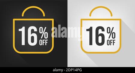 16 % Rabatt. Schwarz, weiß und gelb Banner mit sechzehn Prozent Rabatt. Shopping Bag Konzept Vektor. Stock Vektor