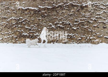 Junge Frau mit Ihrem Hund Gassi gehen im Schnee Stockfoto