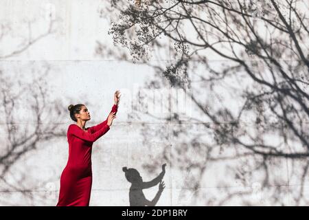 Frau in rotem Kleid mit Tänzerpose und Baumschatten An der Wand Stockfoto