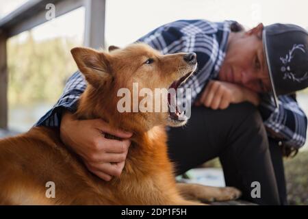 Frau schaut auf gähnenden Hund Stockfoto