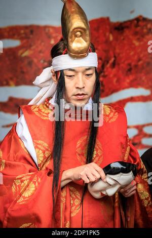 Performer backstage at Japan Matsuri Festival with traditional dance, Japanese costumes and performances on Trafalgar Square, London, UK Stock Photo