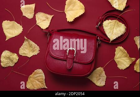 Ledertasche auf rotem Hintergrund zwischen den gefallenen gelben Blättern. Herbstmode. Draufsicht. Minimalismus Stockfoto