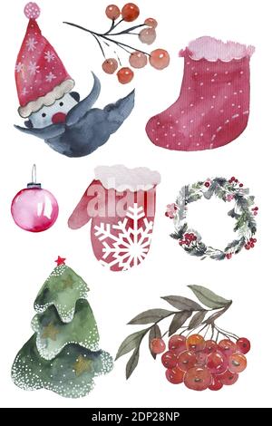 Aquarell Weihnachts-Set, rote Beeren Stechpalme Illustration Stockfoto