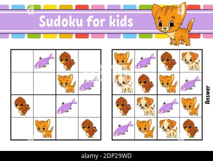 Sudoku für Kinder. Arbeitsblatt zur Entwicklung von Schulungen. Aktivitätsseite mit Bildern. Puzzle-Spiel für Kinder und Kleinkind. Schulung zum logischen Denken. Isolieren Stock Vektor
