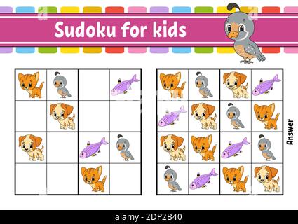 Sudoku für Kinder. Arbeitsblatt zur Entwicklung von Schulungen. Aktivitätsseite mit Bildern. Puzzle-Spiel für Kinder und Kleinkind. Schulung zum logischen Denken. Isolieren Stock Vektor