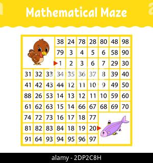 Mathematisch gefärbtes quadratisches Labyrinth. Arbeitsblatt zur Entwicklung von Schulungen. Spiel für Kinder. Puzzle für Kinder. Das Studium der Zahlen. Labyrinth-Rätsel. Flach Stock Vektor