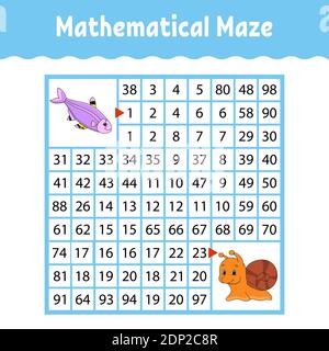 Mathematisch gefärbtes quadratisches Labyrinth. Arbeitsblatt zur Entwicklung von Schulungen. Spiel für Kinder. Puzzle für Kinder. Das Studium der Zahlen. Labyrinth-Rätsel. Flach Stock Vektor