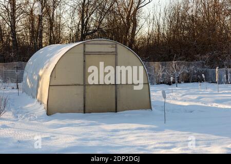 Gewächshaus im Gemüsegarten im Winter. Kleines Gewächshaus mit einem Metallrahmen, der mit Polycarbonat bedeckt ist. Stockfoto